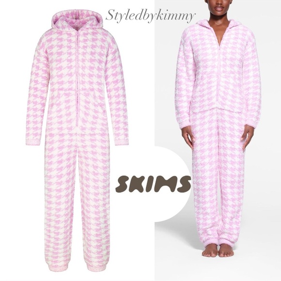SKIMS COZY KNIT UNISEX ONESIE NWT NEW PETAL HOUNDSTOOTH L XL PINK